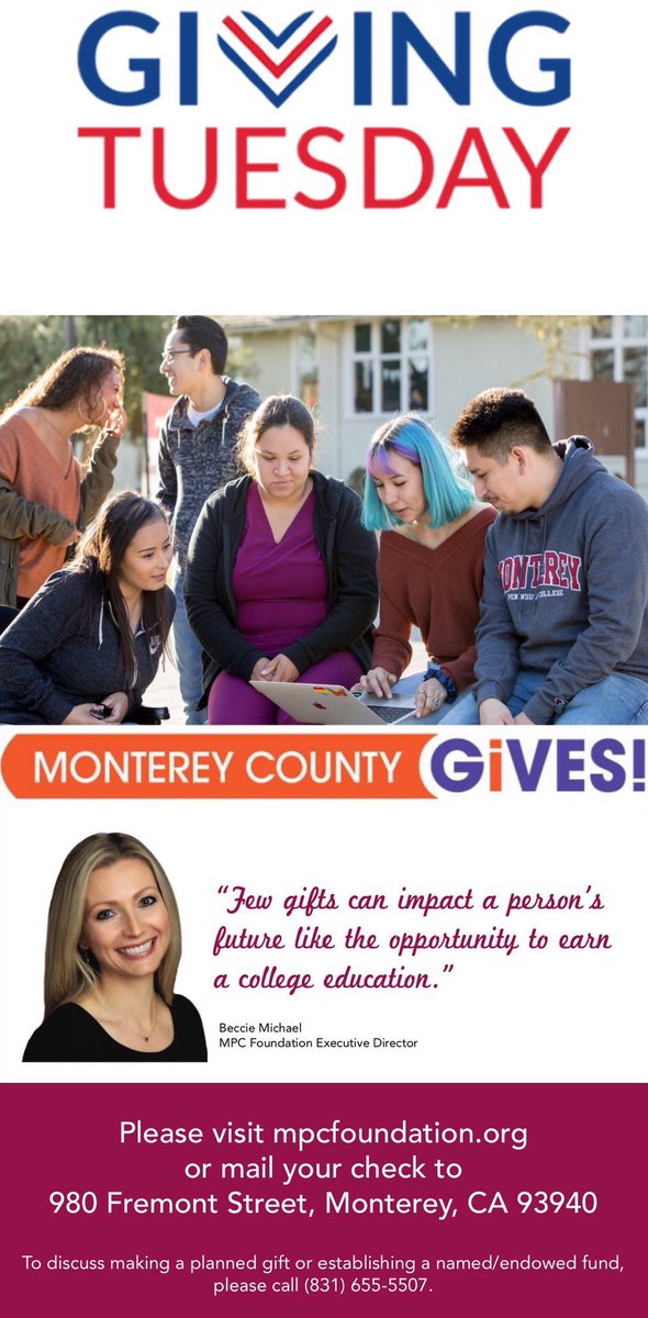 MPCFDN's tweet photo. #GivingTuesday
Give the Gift of #Education!
#Support Monterey Peninsula College #Students by #Donating to the Monterey Peninsula Coll Fdn
Click on this link:
https://t.co/9Un7zKZLQV .
.
#mpcfoundation #supportmpc #montereypeninsulacollege #MontereyCA #MONTEREY #MontereyBay https://t.co/ZhqjrmtWSM