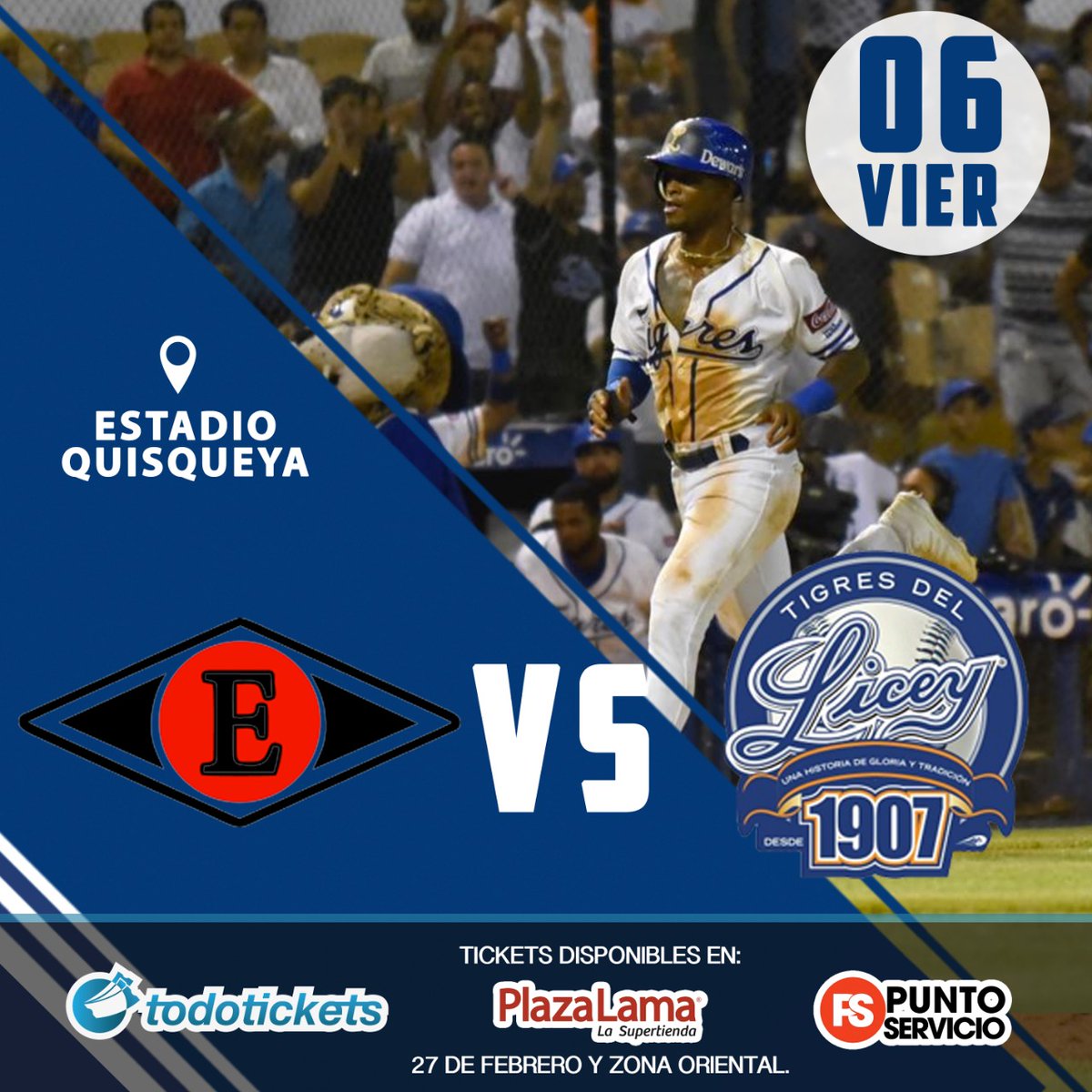 TigresdelLicey's tweet photo. Adquiere tus boletas de nuestro encuentro vs Leones del Escogido del próximo viernes 6 en el @StadioQuisqueya, en Puntos Servicios de @TodoTickets de @plazalama Churchill y Zona Oriental, y Casmer de @tusambildo. #ElGlorioso https://t.co/9qzUYtrDVj
