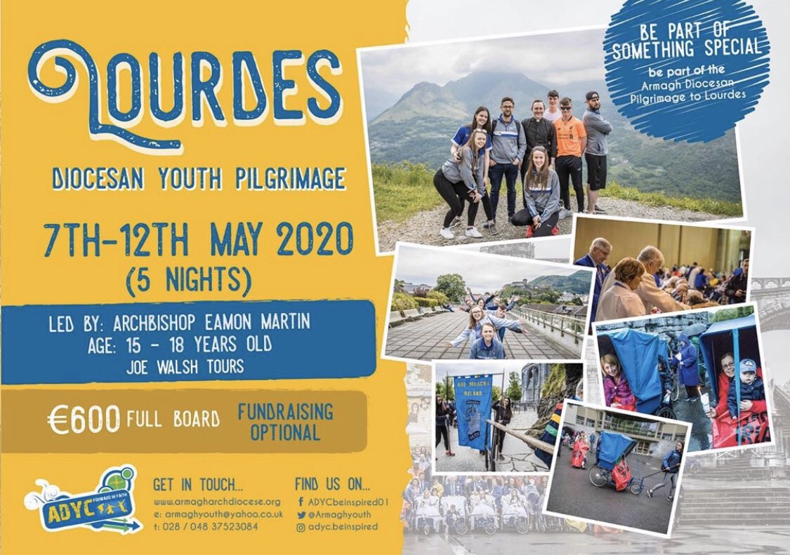 ArmaghYouth's tweet image. LOURDES 2020!!!
Due to demand... 🥁 MORE YOUTH PLACES on the Diocesan Pilgrimage!   For more information, promo video and to register your booking click link below:
armagharchdiocese.org/youth-lourdes-… 🙏 📿 💥👏