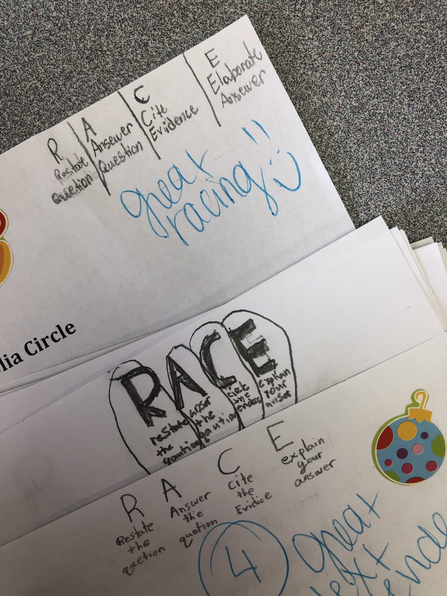 MrsMadden34's tweet photo. Today we are using information gained in our new text Bullfrog at Magnolia Circle to answer questions using our RACE strategy! Look at these strong text talkers who are citing evidence, page numbers and explaining their answers! #writingresponse https://t.co/J5WZrSyqxw