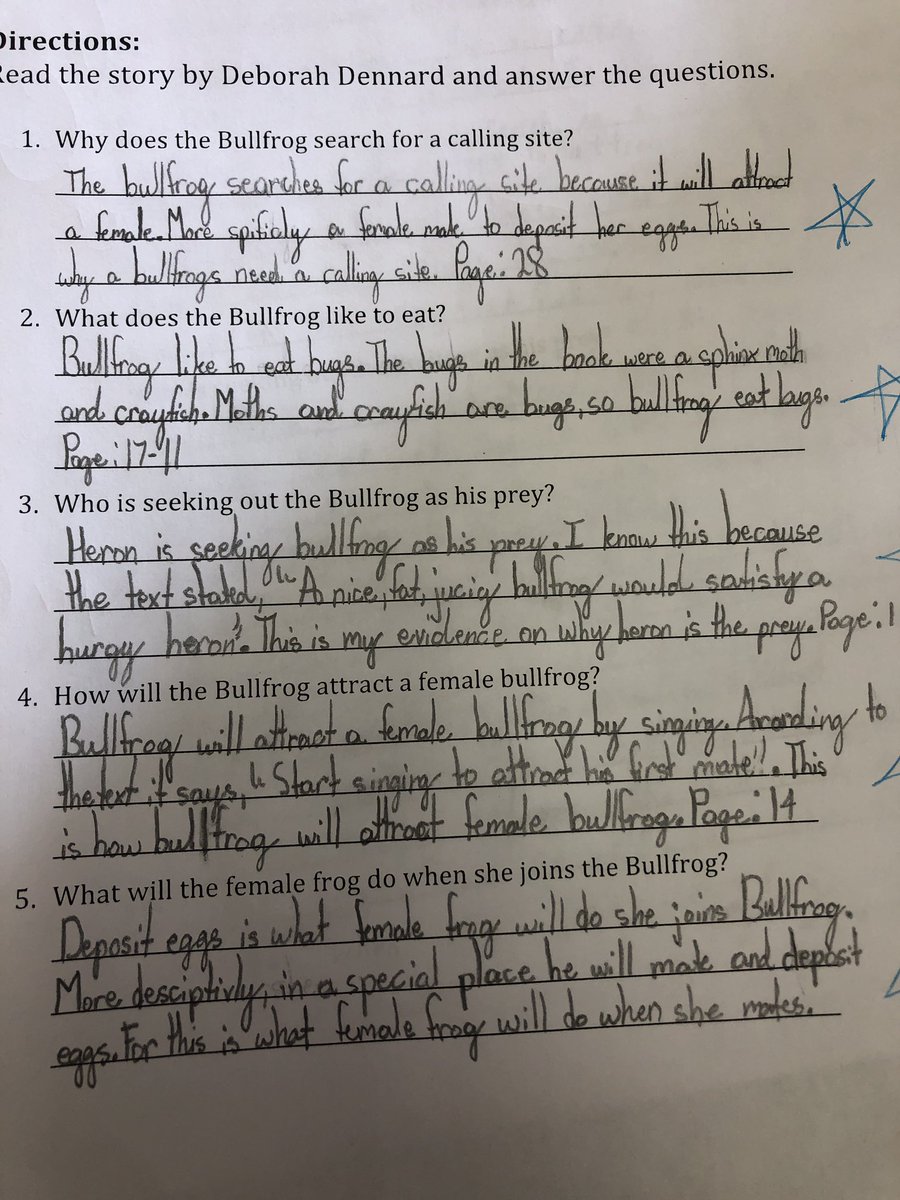 MrsMadden34's tweet photo. Today we are using information gained in our new text Bullfrog at Magnolia Circle to answer questions using our RACE strategy! Look at these strong text talkers who are citing evidence, page numbers and explaining their answers! #writingresponse https://t.co/J5WZrSyqxw