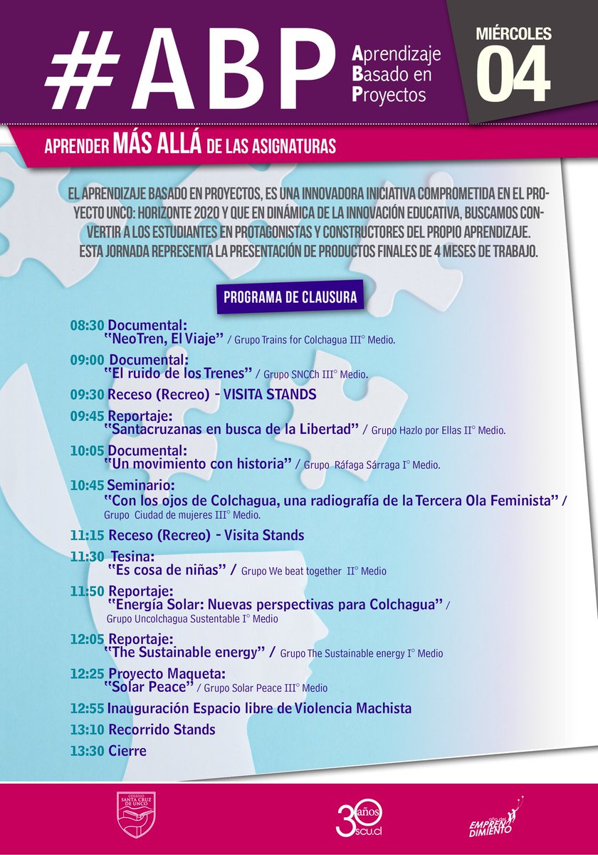 Todos invitados a la presentación de los productos finales de #ABP Aprendizaje basado en Proyectos  #Aprender más allá de las asignaturas #Trenes #Feminismo y #Energíasrenovables ¡Mira el Programa! Y asiste ⁦<a href="/Dpto_Lngje_Unco/">Depto_Lenguaje</a>⁩ ⁦<a href="/marcelamomberg/">marcelamomberg</a>⁩ ⁦<a href="/uncociencias/">Depto. Ciencias UNCO</a>⁩