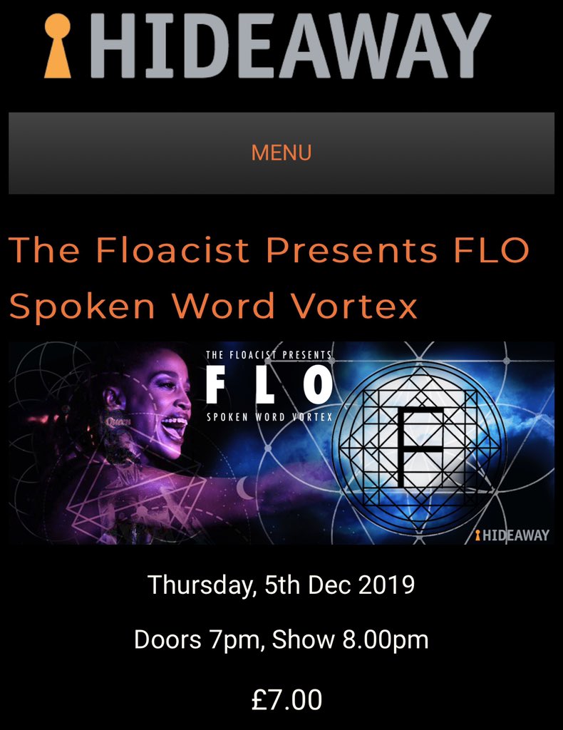 CBlackMusicPR's tweet photo. #LONDON 
2 more sleeps until the @THE_FLOACIST’s #FloVortex reopens @hideawaylive Thursday 5th December join us from 7pm #poetry starts from 8pm. Tickets available in advance for £7 https://t.co/d835U0SpWB more on the door 💫 #spoken word #flopoets #vibes https://t.co/aE1WNufQ8F