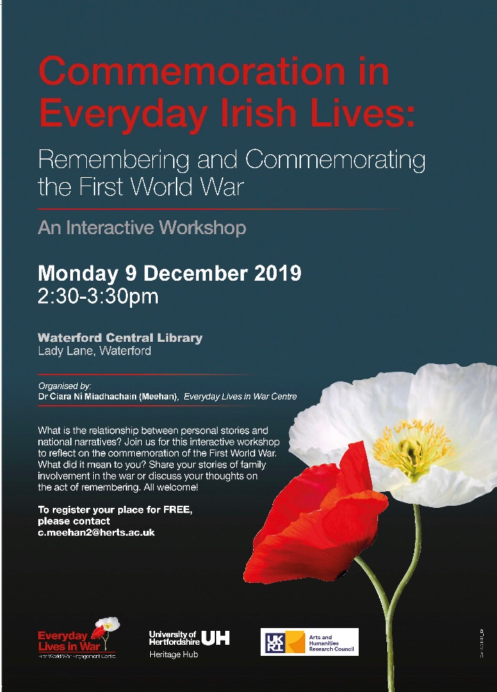 This series of workshops comes to a conclusion in Waterford. Join us on Monday, 9 December in <a href="/WaterfordLibs/">Waterford Libraries</a>’ Central Library for a discussion of commemoration &amp; the First World War. All welcome!