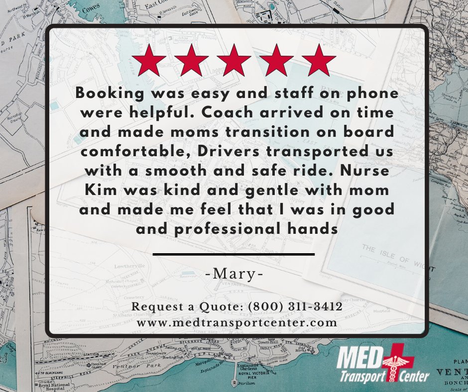 MedTransCenter's tweet image. ⭐⭐⭐⭐⭐ Review!

Our reservationist will answer any questions you may have when inquiring on our services. Don't forget to review our current promotions and use code during initial quote. 

Request a Quote Today at (800) 311-3412 or at following link-&amp;gt; ow.ly/FJrp50xaoWD