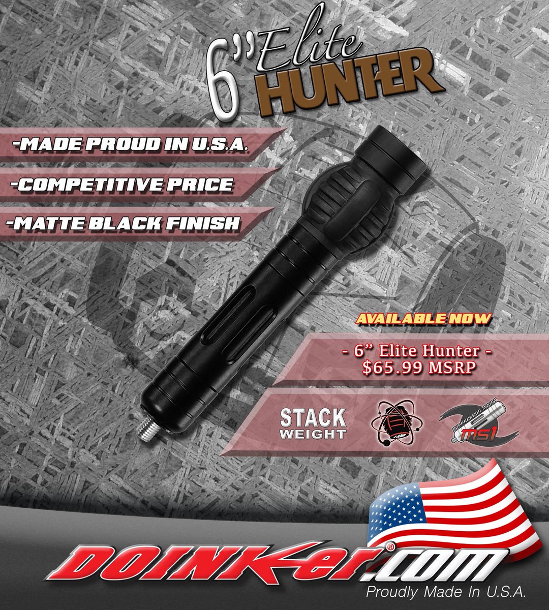 DoinkerStabs's tweet image. The 2020 Doinker 6&quot; Elite Hunter is a Compact, Vibration Eliminating Stabilizer. It features a Suppression Mount at its base with a 1&quot; A-Bomb Doinker at it&apos;s end to remove vibration and a Double Stack of Weights. A perfect tree stand hunting stabilizer.
#Doinker #archery
