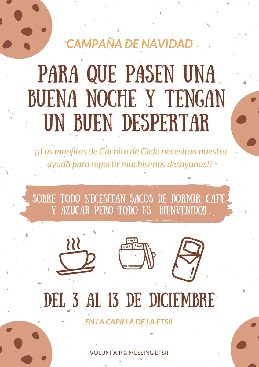 VolunFair's tweet photo. Campaña de Navidad en la ETSII!!!💫
Del 3 al 13 de Diciembre en la capilla, todo es bienvenido para ayudar a las monjitas de Cachito de Cielo!!😊(aunque sobre todo sacos de dormir, café y azúcar💛)
#Mójate💦
#VolunFIVE🖐
#EstamosDeCumple🎈 https://t.co/lURCOyXEZU