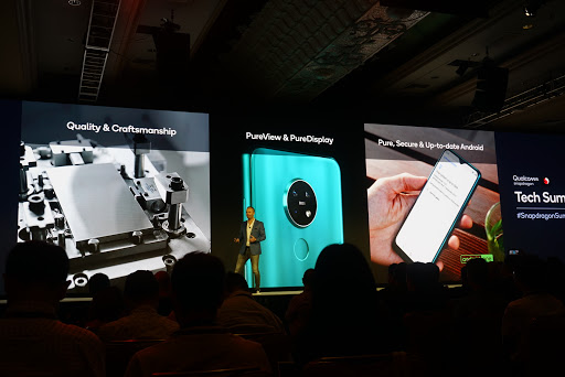 Qualcomm's tweet photo. @verizon @cristianoamon @Xiaomi @AlenWuOPPO @oppo Chief Product Officer of @NokiaMobile Juho Sarvikas
is onstage talking about how Nokia will use the #Snapdragon 765 Mobile Platform to power their affordable, next-generation, and future-proof #5G phones. @sarvikas https://t.co/3tSpLOY4Xi