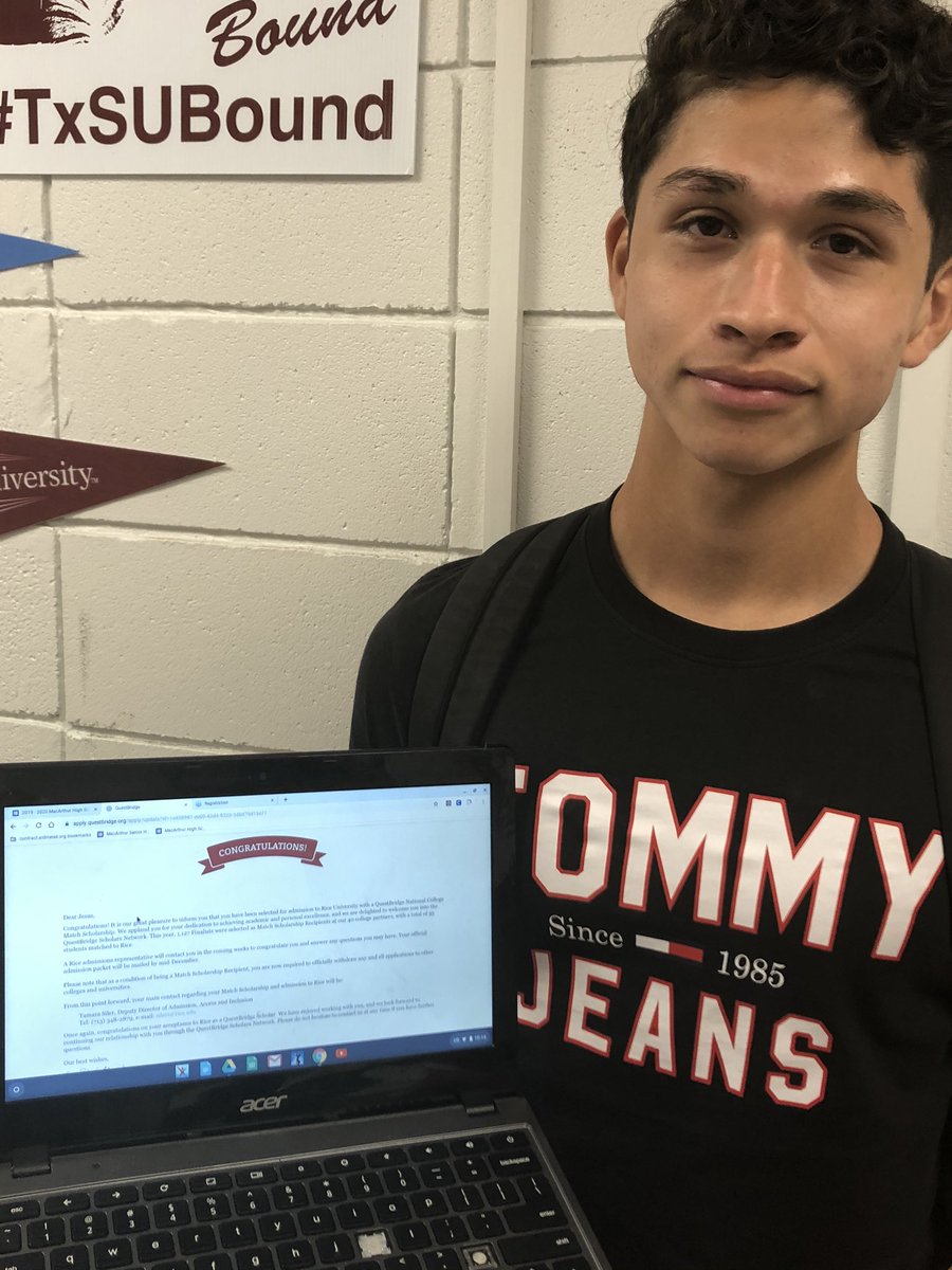 CONGRATULATIONS TO MACARTHUR HIGH SCHOOL’S JESUS RAMOS ON GETTING A FULL-RIDE TO RICE UNIVERSITY!!!  Questbridge scholar @Questbridge @Scholars_AISD @drgoffney @CharJDavis61 @MhsPeterson