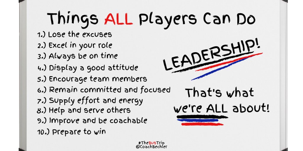 CoachBechler's tweet photo. 10 Things ALL Players Can Do

*Lose the excuses
*Excel in your role
*Always be on time
*Display a good attitude
*Encourage team members
*Remain committed &amp; focused
*Supply effort &amp; energy
*Help &amp; serve others
*Improve &amp; be coachable
*Prepare to win

https://t.co/EEcUnDd1X5 https://t.co/4boFNaHLeU