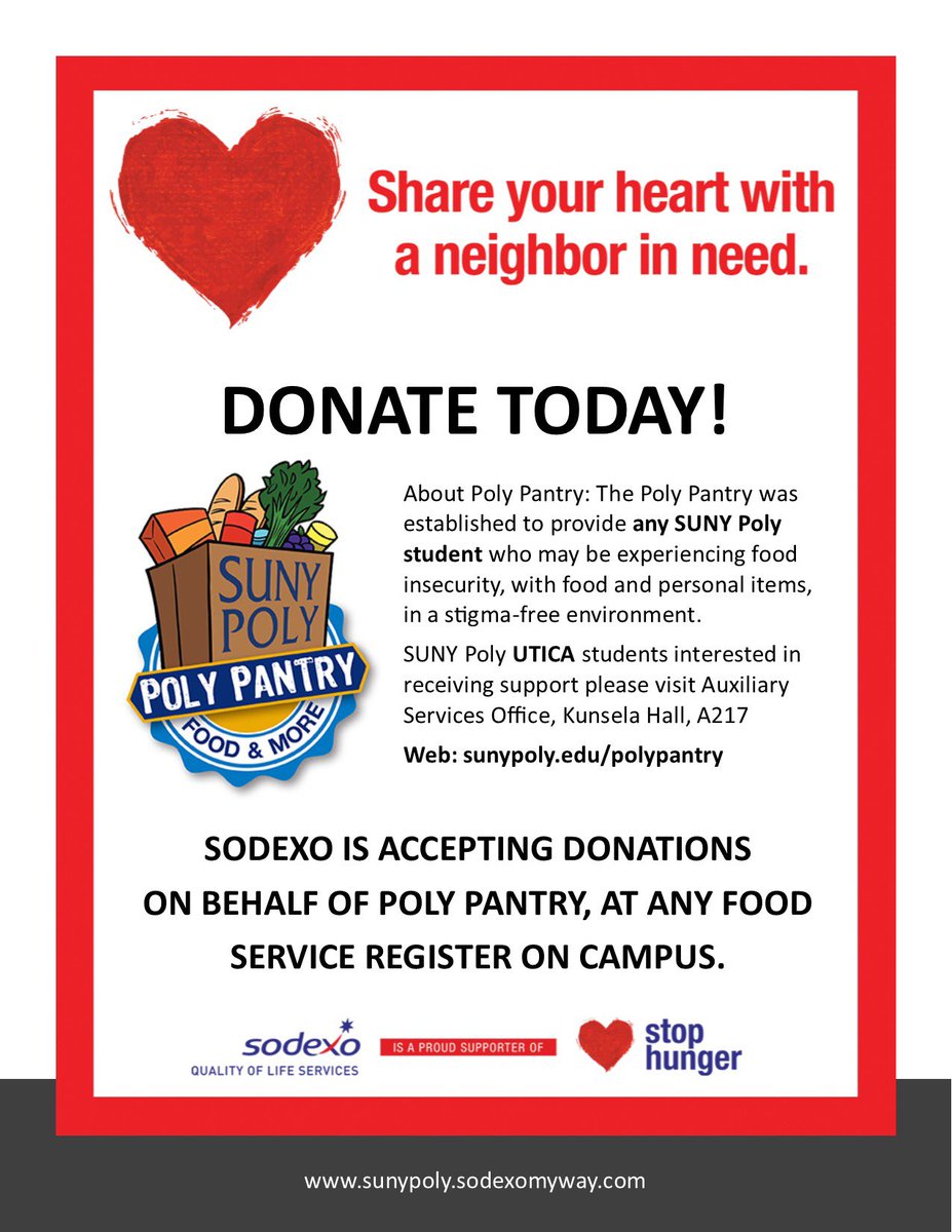 This #GivingTuesday we'd like to remind you that we're accepting Stop Hunger Donations for the Poly Pantry at our registers! We'll be accepting donations until the end of the semester. Let's work together to prevent hunger on our campus. #polydining #sunypoly