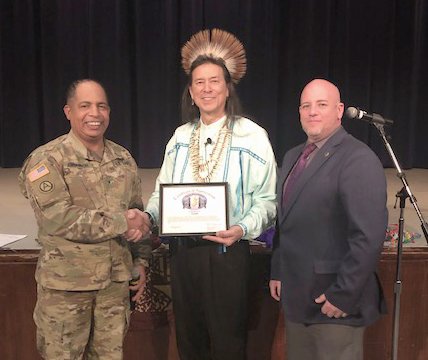 Last month we celebrated the accomplishments and heritage of the Native Americans--the original inhabitants, and explorers of the U.S. We recognize their contributions in the growth of our Nation. Thank you, Tchin, for helping us celebrate with your traditional performance.