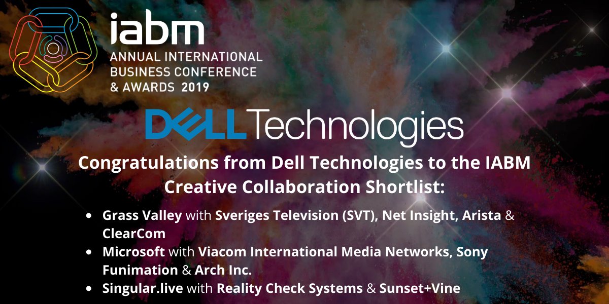 Congrats to <a href="/GrassValleyLive/">Grass Valley</a> <a href="/Microsoft/">Microsoft</a> and <a href="/singular4live/">Singular.live</a> on being shortlisted for @theIABM Creative Collaboration Award 2019! 
As Platinum Partners of the #IABM, we will be at the #IABM19 Awards dinner to find out who will win: dell.to/2Yk3yB6