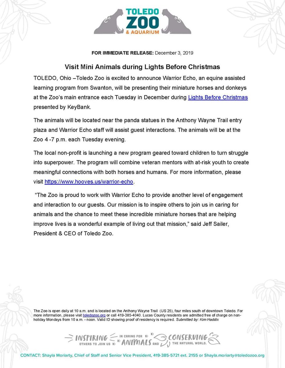 HOOVES has partnered with the <a href="/ToledoZoo/">Toledo Zoo</a> this holiday season!  Come out to the #LightsBeforeChristmas every Tuesday in December to meet Patriot and the minis, and learn about their newest program aimed at connecting Veterans with at-risk youth in our area.