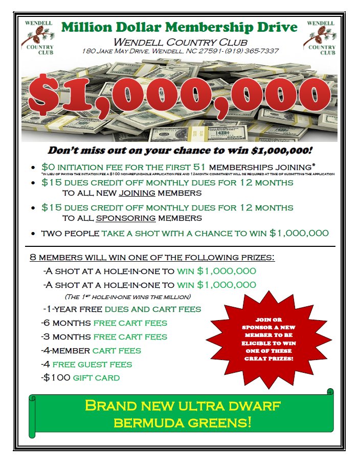 WendellCCGolf's tweet photo. Don't miss out on your chance to win $1,000,000 when you become a member at Wendell Country Club! Call (919) 365-7337 or email golfwendellcc@gmail.com for more information today! #wendellcountryclub#golf #membership https://t.co/uvAiQUggjq