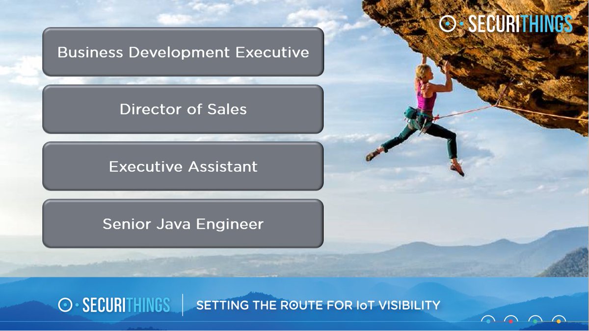 A great opportunity to join the IoT space!
SecuriThings is closing a very successful 2019, and 2020 looks even more exciting. Check out the latest open positions and join our journey - Apply here: hubs.ly/H0m3yll0