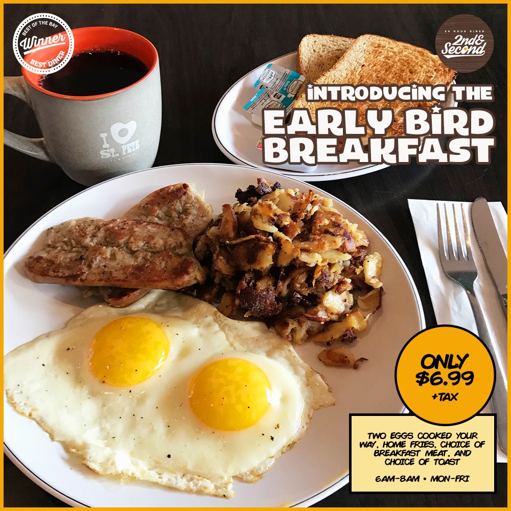 2ndNSecond's tweet photo. Join 2nd &amp; Second for a special Early Bird Breakfast! 

Here's the menu: 
Two eggs your way 🍳
Choice of breakfast meat 🥓
Home fries 🥔
Choice of toast 🍞

Just $6.99 every Monday through Friday, from 6am-8am at The Best Diner in Tampa Bay! https://t.co/Bh45c6meiR