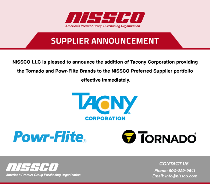 NISSCOGroup's tweet photo. We at NISSCO are excited to announce the addition of the Powr-Flite and Tornado brands of Tacony Corporation to our Preferred Supplier Portfolio. Read more at :
https://t.co/nv0NgwfQ0u https://t.co/wDgv5JS09r