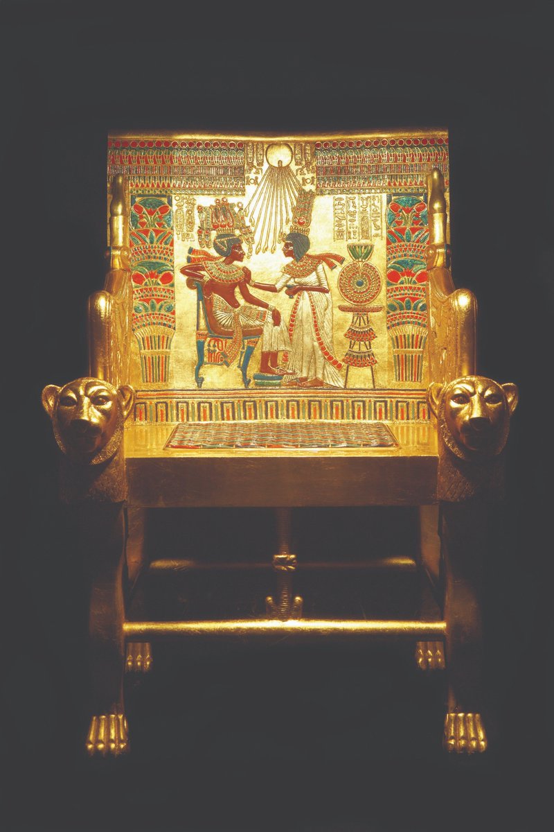 The scene represented on the Throne is that of a young Tutankhamun throne facing his queen Ankhesenamun. She is affectionately anointing his shoulders with scented oil.

Our replica of this magnificent piece sits proudly in the exhibition in Dorset bit.ly/383IeEc