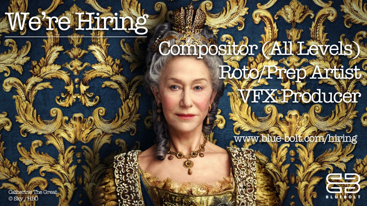 BlueBolt is hiring! We are looking for compositors of all levels, roto/prep artists and VFX producers to join our #VFX team. Please visit blue-bolt.com/hiring for more info on these roles and to apply.