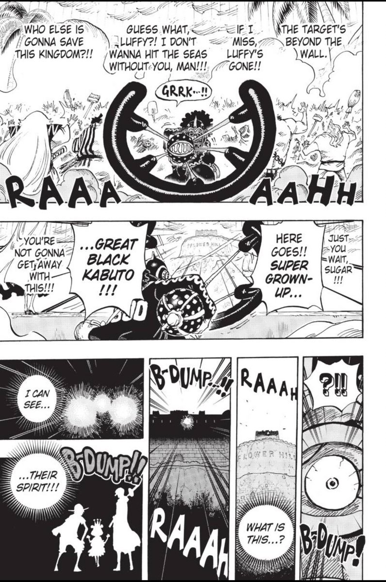 Standout Panel - I loved this sequence: putting the camera at the edge of the slingshot and having the battle fade behind Usopp whole it rages around the fringes, the black/white flip where the trio become glowing dots then silhouettes, his descriptions, all of it  #OPGrant