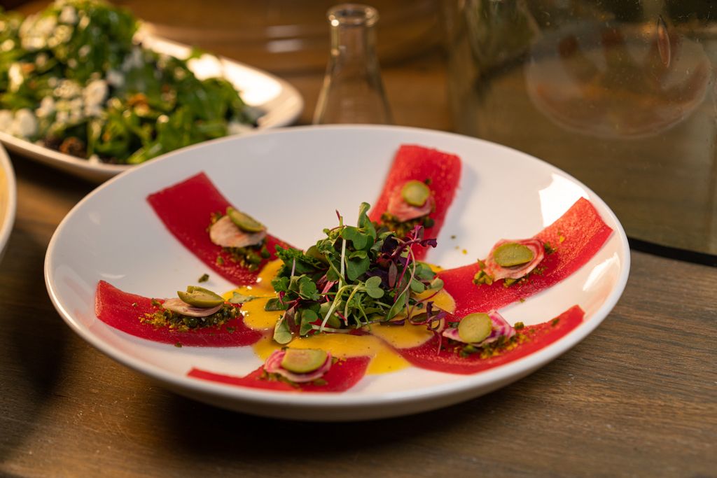 Start here: Ahi Tuna with passion fruit, golden beets, and pistachios. #crushmgm