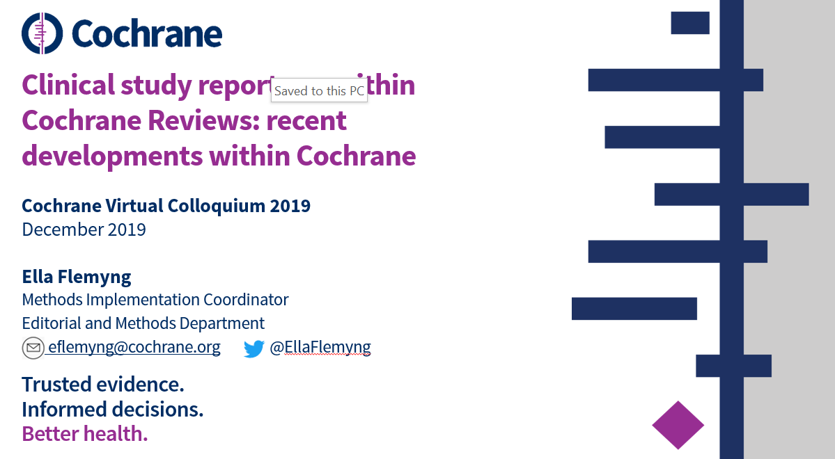 EllaFlemyng's tweet photo. Recent developments on using clinical study reports in Cochrane Reviews - here is my presentation, part of #CochraneSantiago 😆 https://t.co/IV0hCuGaHX https://t.co/AUp7gfy30n
