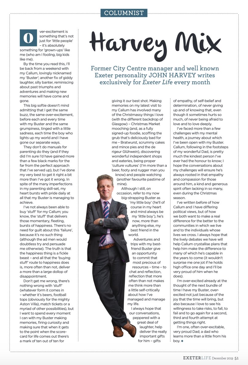 Mr_John_Harvey_'s tweet photo. Good evening my @Devon_Hour friends...
December's @ExeterLifeMag is out & with it my monthly column - this month it's about time with my Callum, my 'Buster', my 🌍
https://t.co/XDxZE9IHeP
#ExeterLife #ProudDad #LoveMyBoy #DevonHour https://t.co/etlF4WSqRT