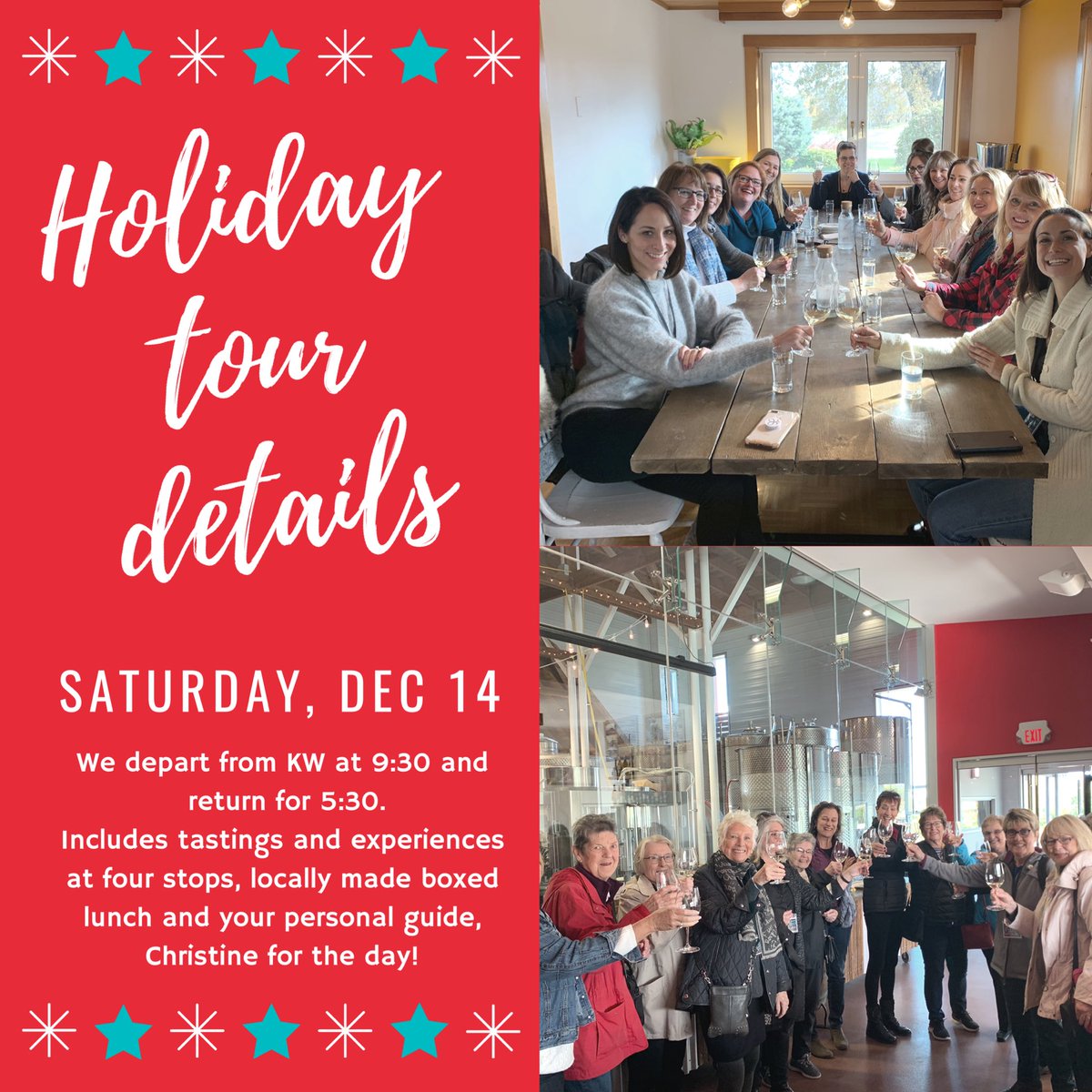 BuzzTourCo's tweet photo. #winelover grab your friend and let’s go on an adventure! This Holiday 🎄 🎅 🍷 Cheer Tour will lift your spirits, don’t miss it! Only a few seats left! Learn more: https://t.co/CmcYBMPq9Z #catchthebuzz #holidayevents #Christmas2019 https://t.co/jlmCNzK5OG