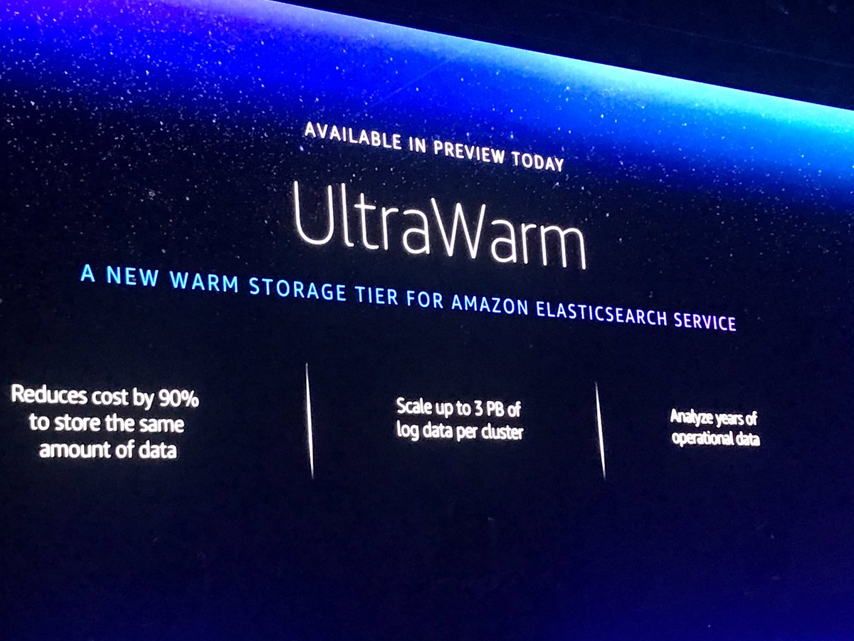 capside's tweet image. Warm storage tier for Amazon ElasticSearch service. 

—
#reInvent2019
#NTTonAWS #capsideAWS
#AWSreinvent2019 #AWS