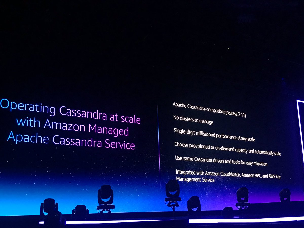capside's tweet image. Announcing Amazon managed Apache Cassandra service. 

—
#reInvent2019
#NTTonAWS #capsideAWS
#AWSreinvent2019 #AWS