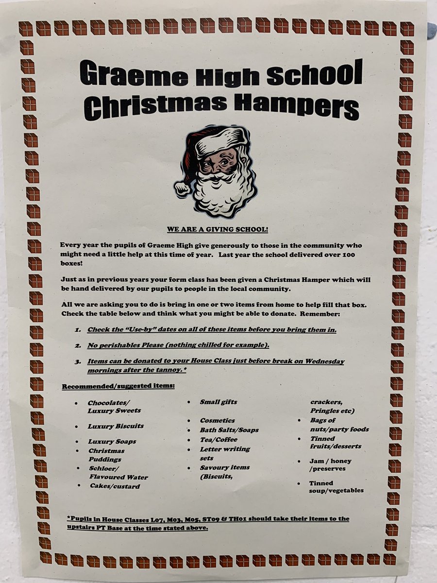 We are entering the final 2 weeks of our Christmas Hamper campaign! We are urging everyone to donate at least one item from the list to their House Class box on Wednesdays and Fridays... lets show that we value our community 🤝 Deadline is 13th December 🎅🏻 🎁 🎄 <a href="/GHSfalkirk/">Graeme High School</a>