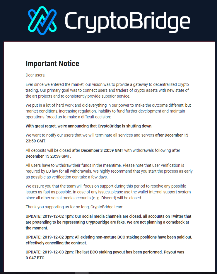 cryptotaxprep's tweet photo. ATTENTION #Cryptobridge Users: The exchange is shutting down 12/15. Withdraw ALL funds as soon as possible. Download your transaction histories immediately. You will need them for tax season and they will no longer be accessible after the exchange closes #tax #crypto #bitcoin https://t.co/o6rqmiXlEk