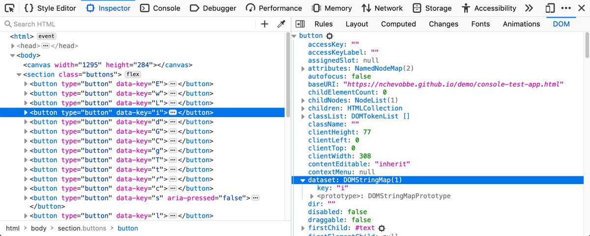 Firefox DevTools inspector showing a new "DOM" sidebar panel displaying the properties of the selected node