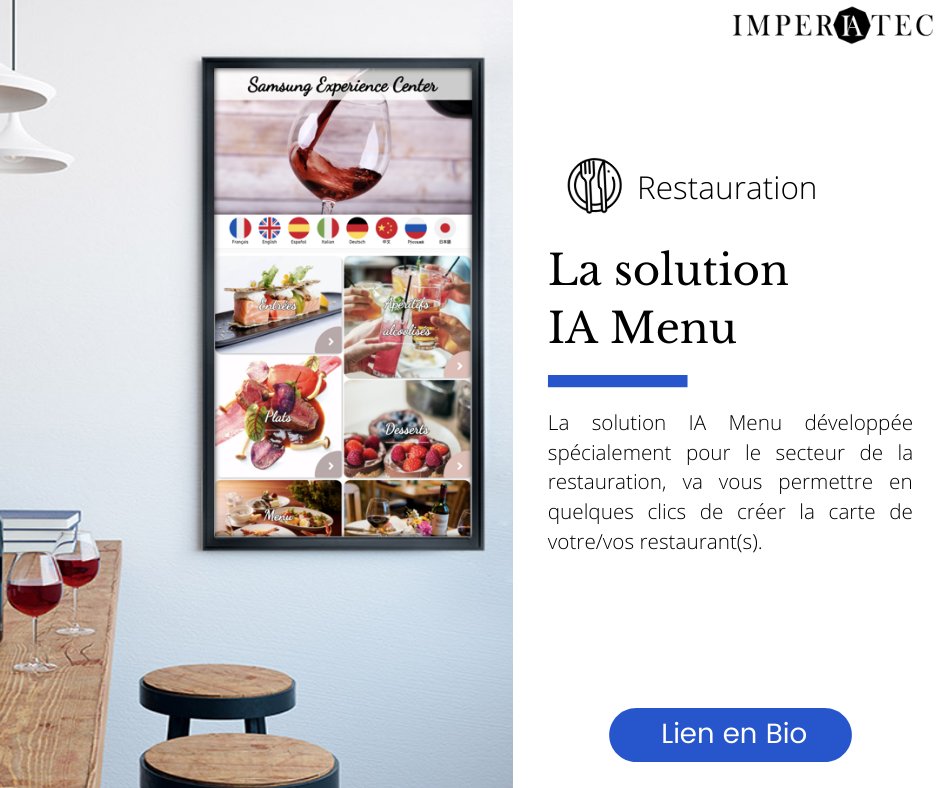 IMPERIATEC_COM's tweet photo. Découvrez notre solution logicielle « IA Menu » destinée au secteur de la grande restauration, compatible avec toutes les gammes d'écrans tactiles @SamsungFR ! Visible au showroom de @SamsungProFr !

#restauration #digital #technologie #innovant https://t.co/p53eG4fjM6