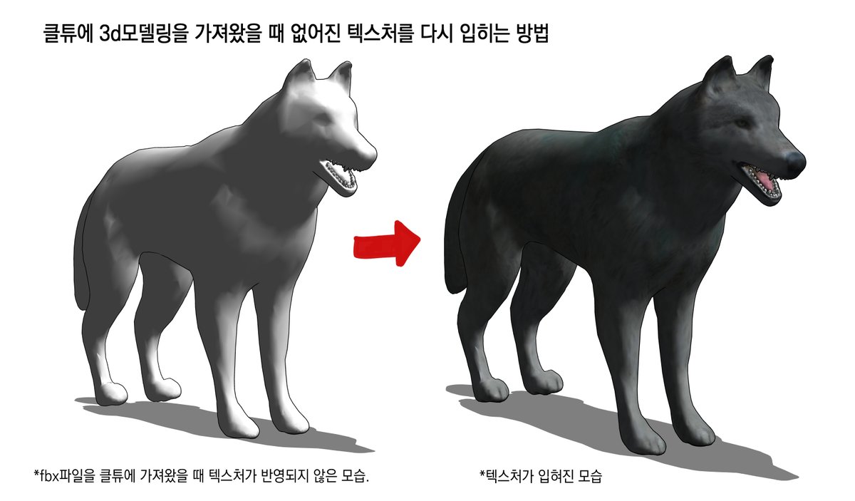 asset에서 받은 3d파일을 클립스튜디오에 가져왔을 때
텍스처가 입혀지지 않는 현상을 고치는 방법입니다.

fbx파일만 확인했으며, obj파일은 외부링크를 타래에 달아둘게요:D