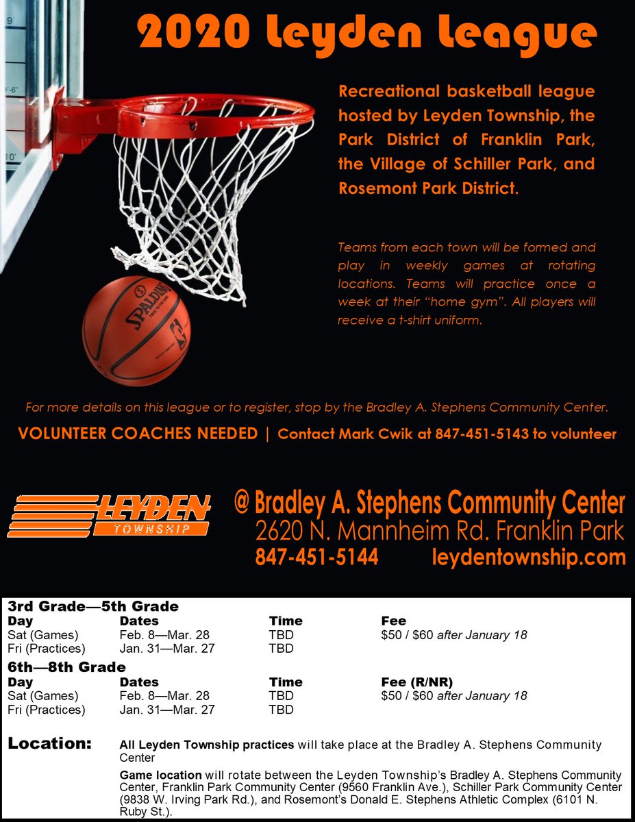 LeydenTwpRec's tweet photo. Registration is open for our the 2020 Leyden League. This is a new cooperative #youth #basketball league hosted by @VillageofSP , @fpparks , Rosemont Park Dist & @LeydenTwpRec! #LeydenFun #WeAreLeyden #FPParks #SchillerPark #Rosemont #YouthAthletics https://t.co/PC2bS7svQd