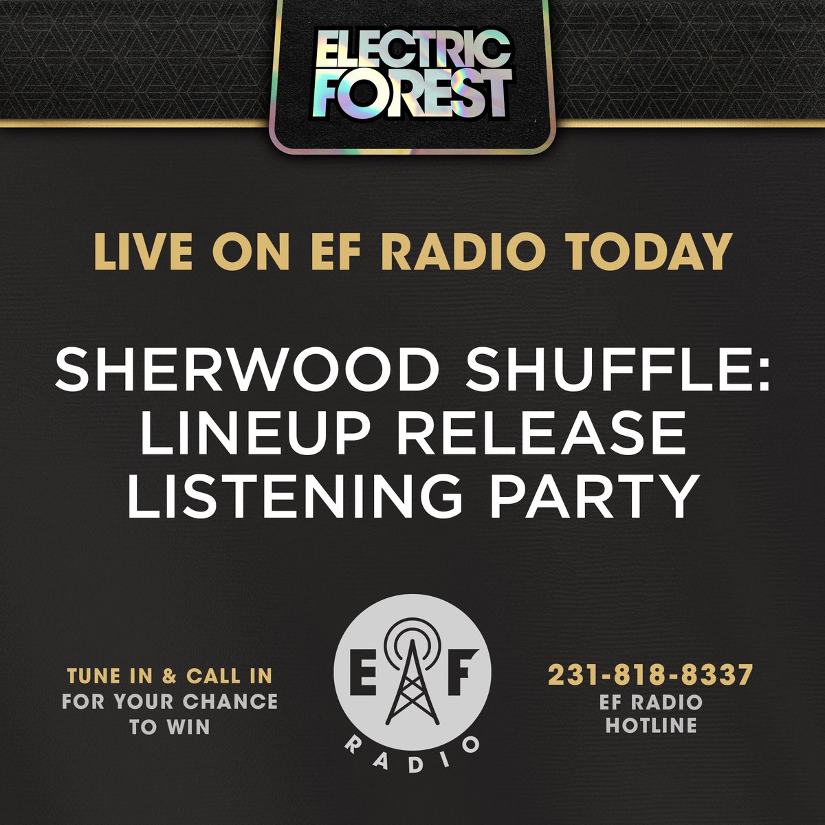 Electric_Forest's tweet photo. Tune in to @EForestRadio today for a special #EF2020 Lineup Release Party Edition of the Sherwood Shuffle: https://t.co/crwrluVGJg

Steam live all day long for a preview of the #EFDecadeOne Lineup, plus the chance win Forest prizes! ⚡🌲 #ElectricForest #PlugInToEF https://t.co/m22hpiptU8
