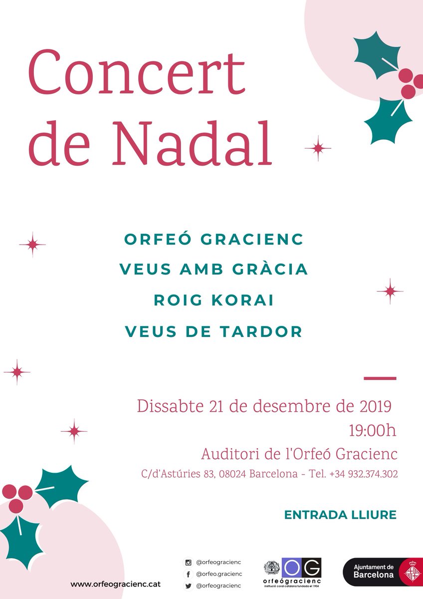 orfeogracienc's tweet photo. S'apropen els #concertsdeNadal de l'Orfeó!
📆 Ds 14, 18:00h - Escola de Música de l'Orfeó Gracienc #EMOG
📆 Dg 15, 11:30h - Escola Coral #Coloraines i #Cromàtics
📆 Ds 21, 19:00h - Concert de #Nadal de l' #OrfeoGracienc, #VeusambGràcia, #RoigKorai i #VeusdeTardor
#entradalliure! https://t.co/0ao04M4D3U