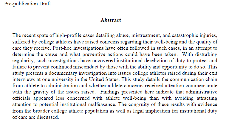 TedTatos's tweet image. My paper "Abuse &amp;amp; Mistreatment of Athletes at US Universities", forthcoming in Texas Rev. of Entertainment &amp;amp; Sports Law is posted to SSRN. I discuss multiple cases of egregious institutional conduct &amp;amp; evidence from UNC athlete exit interviews 2004-12. Link:papers.ssrn.com/sol3/papers.cf…