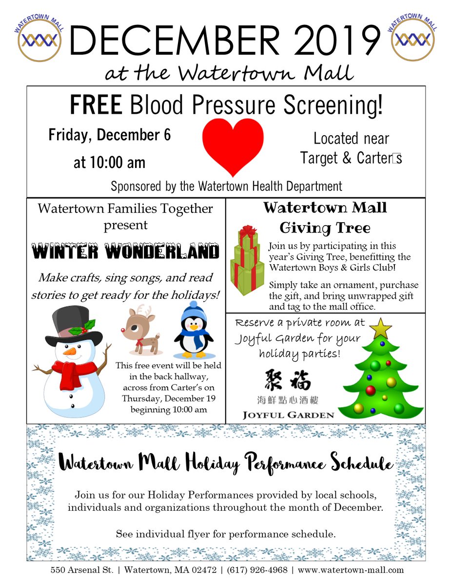 WatertownMallMA's tweet photo. Stop by the Watertown Mall today &amp; throughout the month for our different events! Here is the Watertown Mall’s December 2019 newsletter! Find them here or in person at our pushcarts by the front &amp; back entrances. We hope to see you here soon! https://t.co/kjHHtNlViA