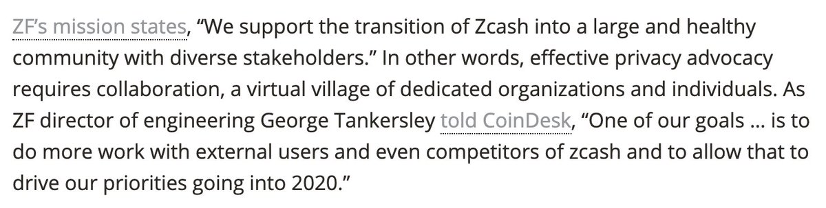 ZF’s mission states, “We support the transition of Zcash into a large and healthy community with diverse stakeholders.” In other words, effective privacy advocacy requires collaboration, a virtual village of dedicated organizations and individuals. As ZF director of engineering George Tankersley told CoinDesk, “One of our goals … is to do more work with external users and even competitors of zcash and to allow that t