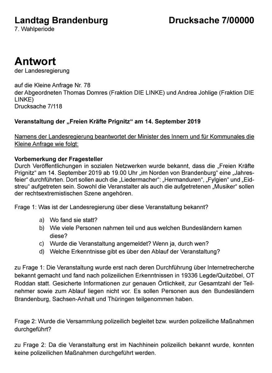 PresseserviceRN's tweet photo. Im Anhang die Antwort der Landesregierung #Brandenburg zum Neonazikonzert in #Roddan (Landkreis #Prignitz) als Fotodokument.
#freiekräfteprignitz #wittenberge #lenzen
#fylgien #templin
#eidstreu #magdeburg #SachsenAnhalt
#hermanduren #eisenach #schmalkalden #thüringen https://t.co/Q7kV5ngKIB