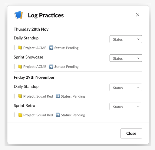 JamesMcmanamey's tweet photo. Working on a Slack modal for logging team practices. Which layout is easier to understand? 1⃣or2⃣? #ux #slack #blockkit #100DaysOfCode https://t.co/jVMeGw75mM