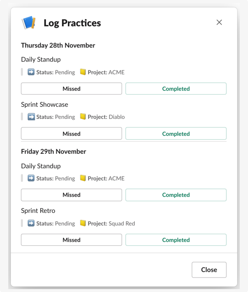 JamesMcmanamey's tweet photo. Working on a Slack modal for logging team practices. Which layout is easier to understand? 1⃣or2⃣? #ux #slack #blockkit #100DaysOfCode https://t.co/jVMeGw75mM