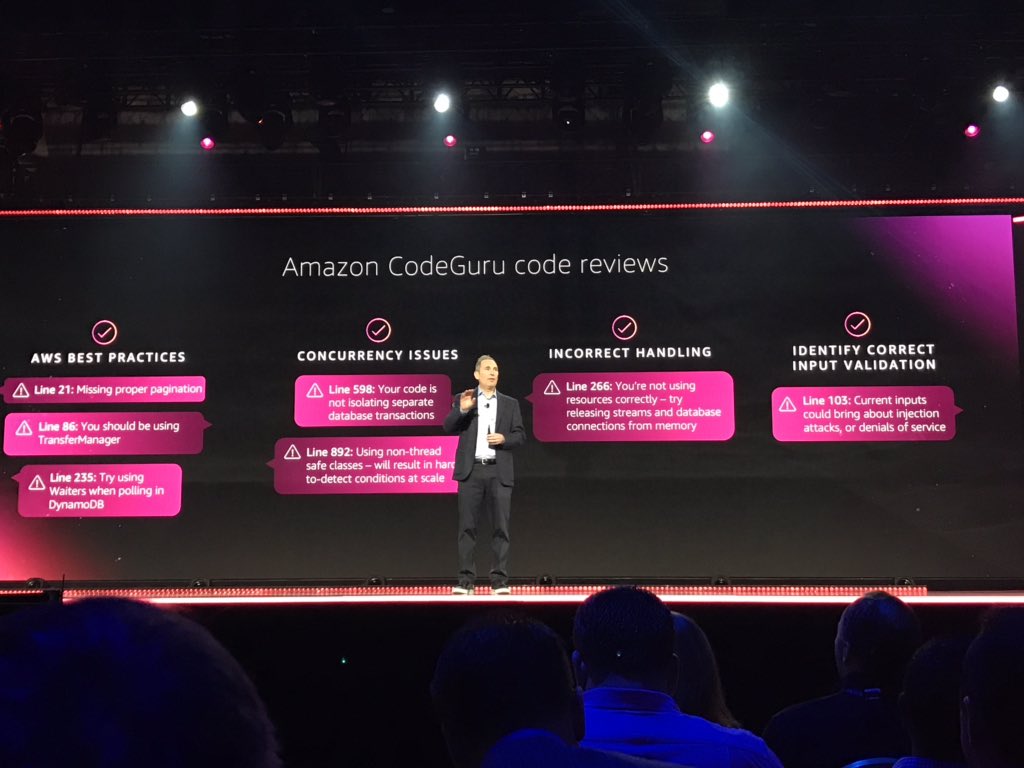 awscloud_jp's tweet image. そして、Amazon CodeGuru のプレビューが発表されました！コードの Pull Request を受けて、CodeGuru が自動コードレビューを行います。このレビューは1万の OSS プロジェクトのデータを元にしています。
#reInvent