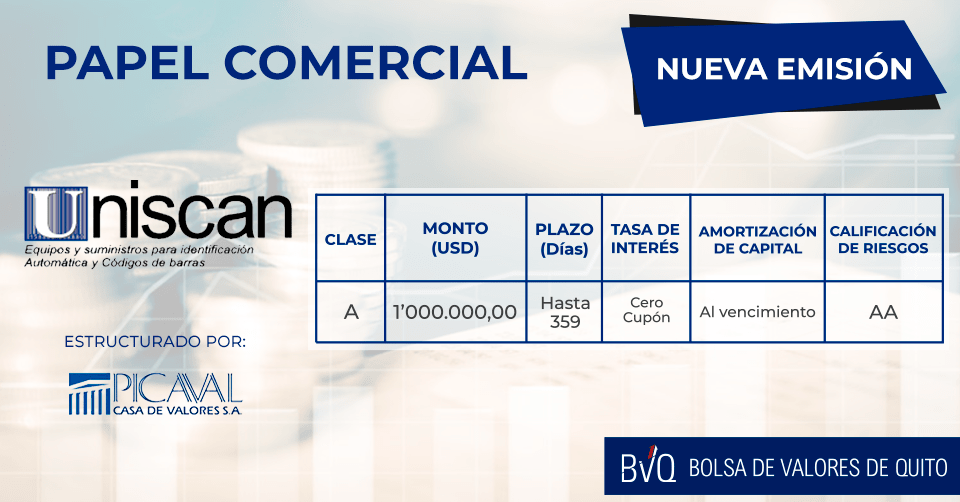 valoresbvq's tweet photo. ➡️¡NUEVA EMISIÓN!
Se encuentra disponible la Emisión de Papel Comercial de #Uniscan Cia Ltda, autorizada por la @SuperciasEC. Fue inscrita por #Picaval a través de la Bolsa de Valores de Quito.
👉Más información: https://t.co/e277nZwrvL https://t.co/gp06kDJG22
