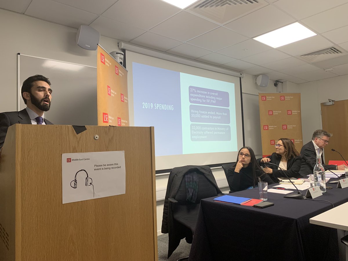 LSEMiddleEast's tweet photo. .@aalmawlawi begins the launch of his report on public payroll expansion in Iraq. Ali explains 2019 budget in Iraq - there was a 27% increase in overall expenditure with an end to the hiring freeze and 50,000 added to payroll. #LSEIraq https://t.co/9R6FNVcaD2