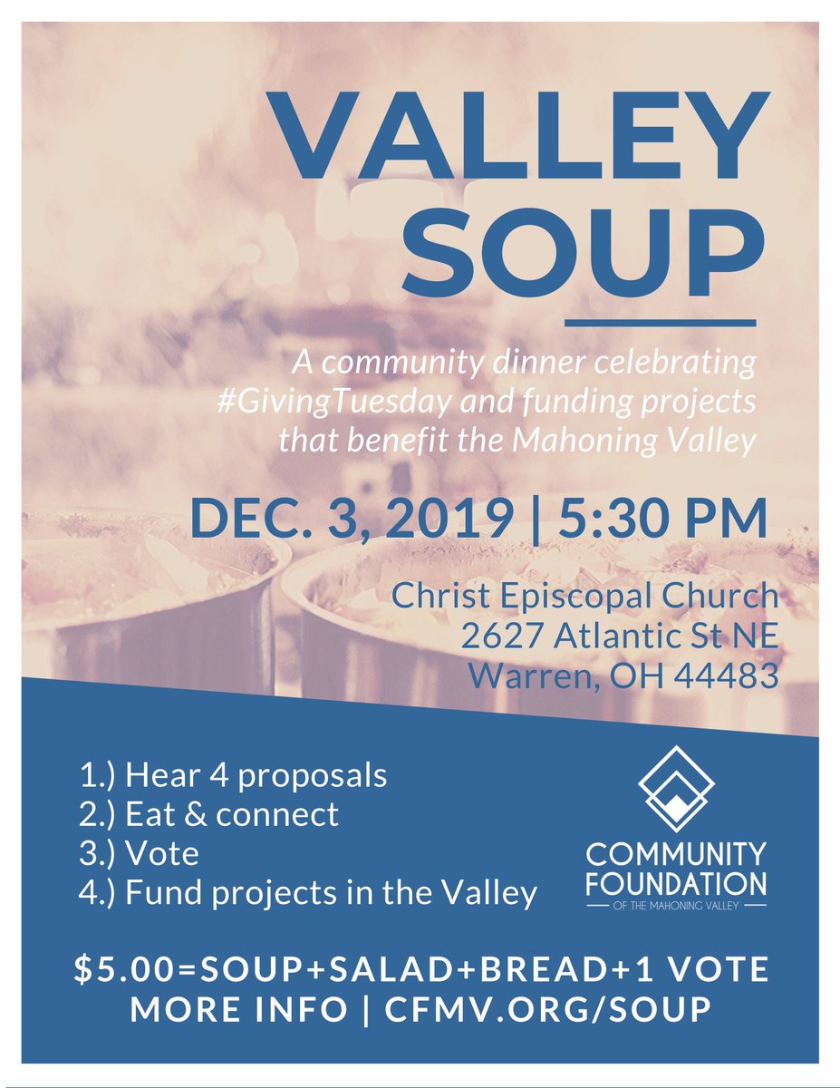 YSUscape's tweet photo. Don’t forget to come out tonight to Valley Soup! Eat, connect, and vote for your favorite proposal for the community.

Remember to vote for YSUscape! #GivingTuesday https://t.co/wCVFeLm9Z0