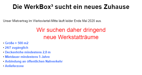 FabLabMuc's tweet photo. Unsere Kollegen von der @werkbox3 suchen ein neues Zuhause. Wer weiß was passendes?
Details hier: https://t.co/PANLdA85q6 https://t.co/44EGQ7Fb6k